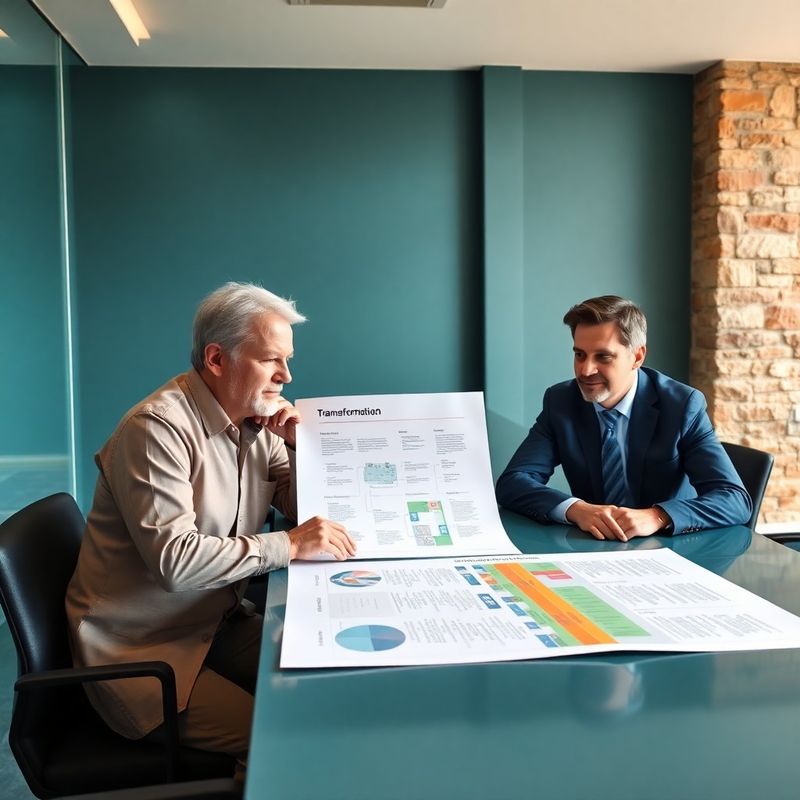 Dva profesionalca za dugim stolom pregledavaju transformacijski roadmap